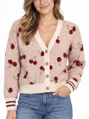 Girlish Cherry Print Button Cardigan Cream Red Coquette Preppy Size